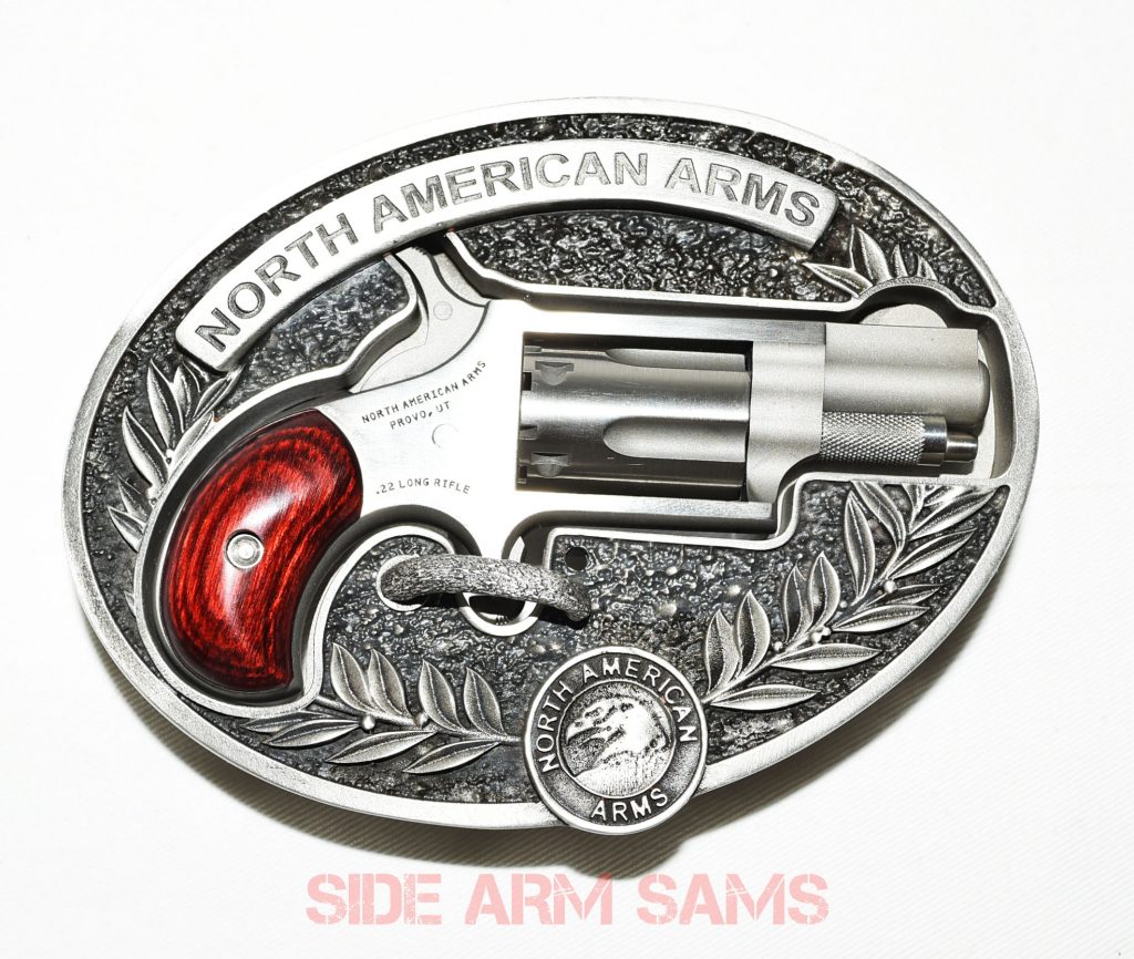 Naa Mini Revolver Belt Buckle With Speed Loader North American Arms 22LR Mini-Revolver in a NAA Oval Belt Buckle | Side